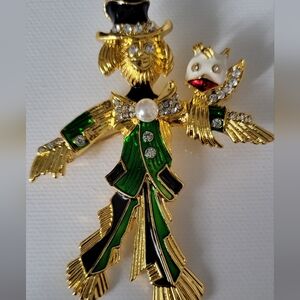Goldtone  Green Scarecrow Brooch